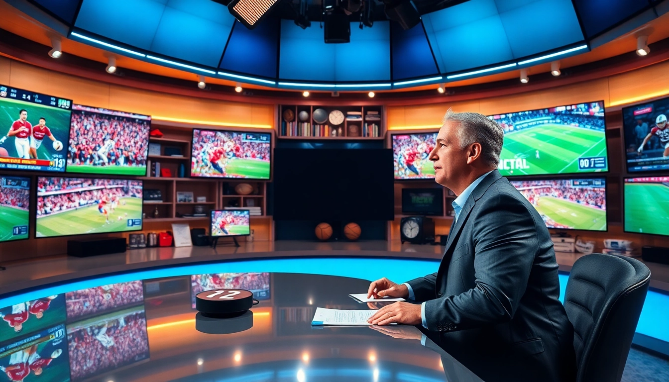 Engaging sports broadcasting anchor in a vibrant newsroom, showcasing live sports events.