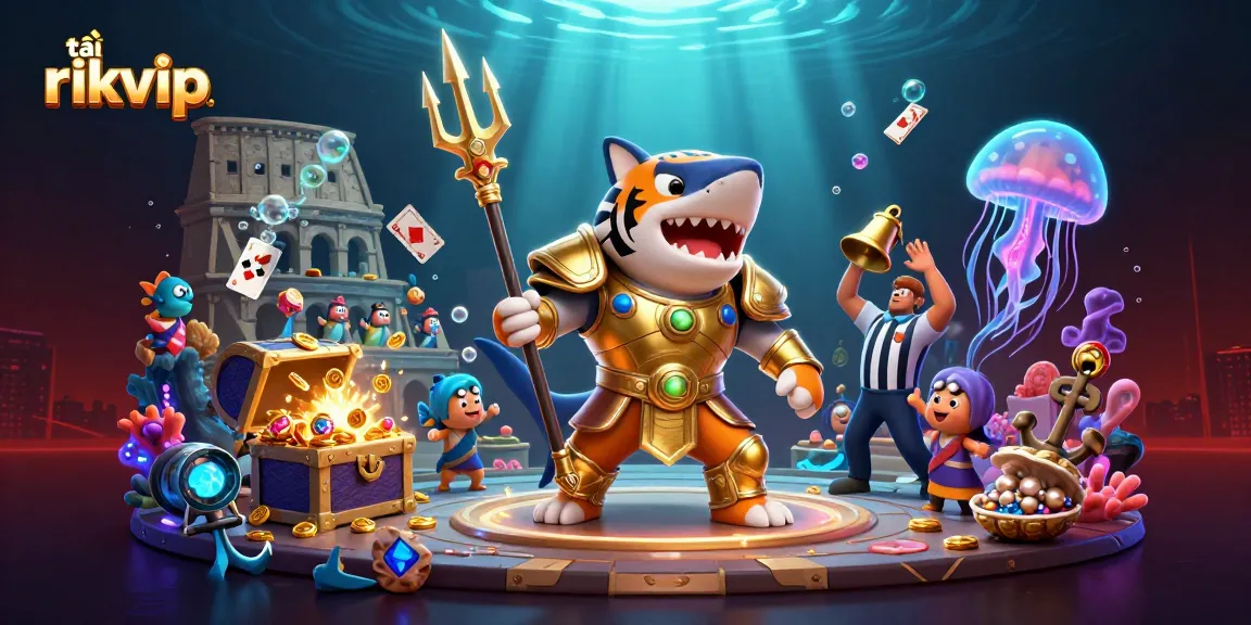 Experience the underwater world as tải rikvip brings an epic battle between a shark gladiator and fish in togas to life.