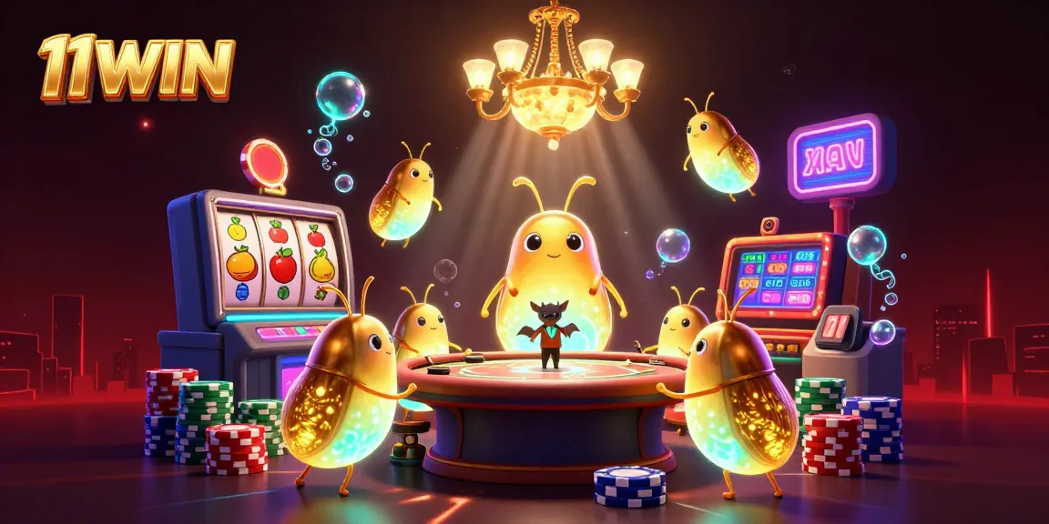 Experience thrilling moments with 11WIN, as cartoon glowworms light up a dynamic casino scene.