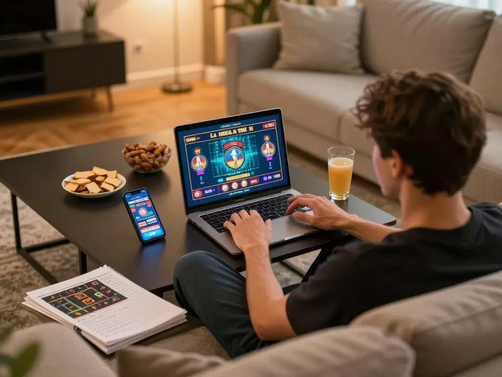 Engaging online casino scene at https://tr88.bio/ with player using laptop and strategic notes