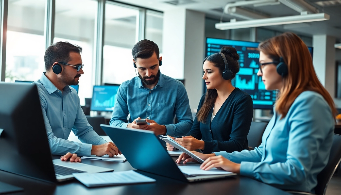 IT Support specialists collaborating in a modern office setting with high-tech solutions.