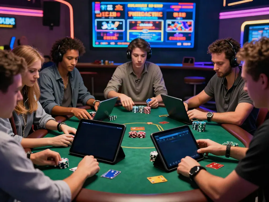Players at casinos that accept credit card enjoying a lively gaming atmosphere with digital devices and credit cards.