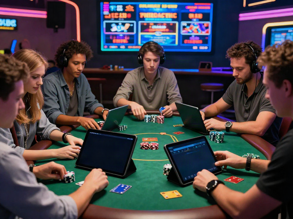 Players at casinos that accept credit card enjoying a lively gaming atmosphere with digital devices and credit cards.