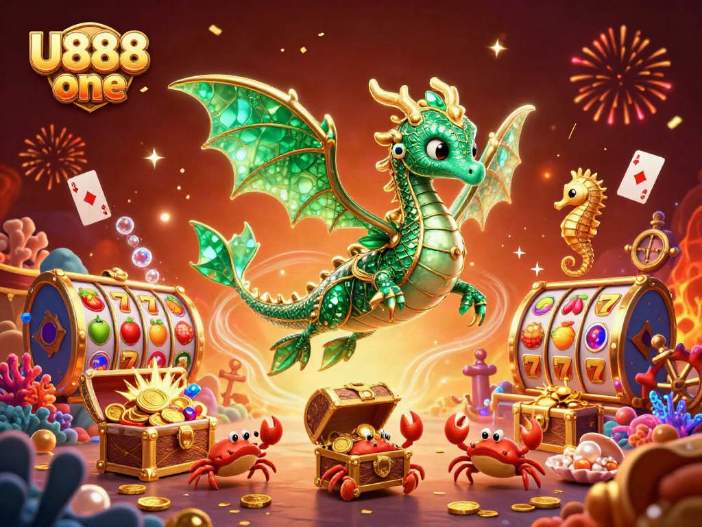 Engage with U888 one through a vibrant, underwater casino scene filled with treasure and slot machines.