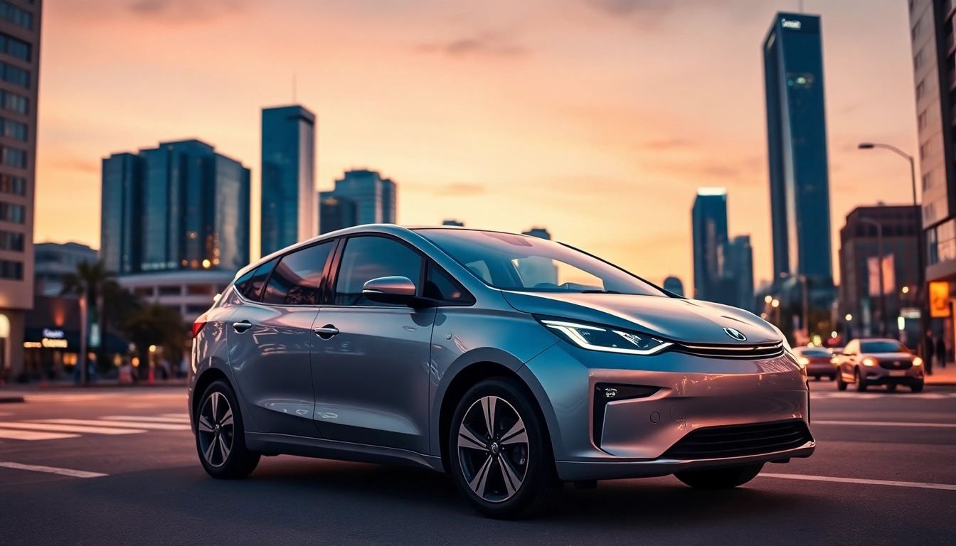 Elektroautos parken in einer belebten Stadtlandschaft bei Dämmerung, umgeben von modernen Lichtern.