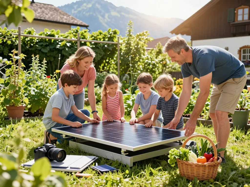 Familie installiert Solarzellen in einem sonnigen bayerischen Garten