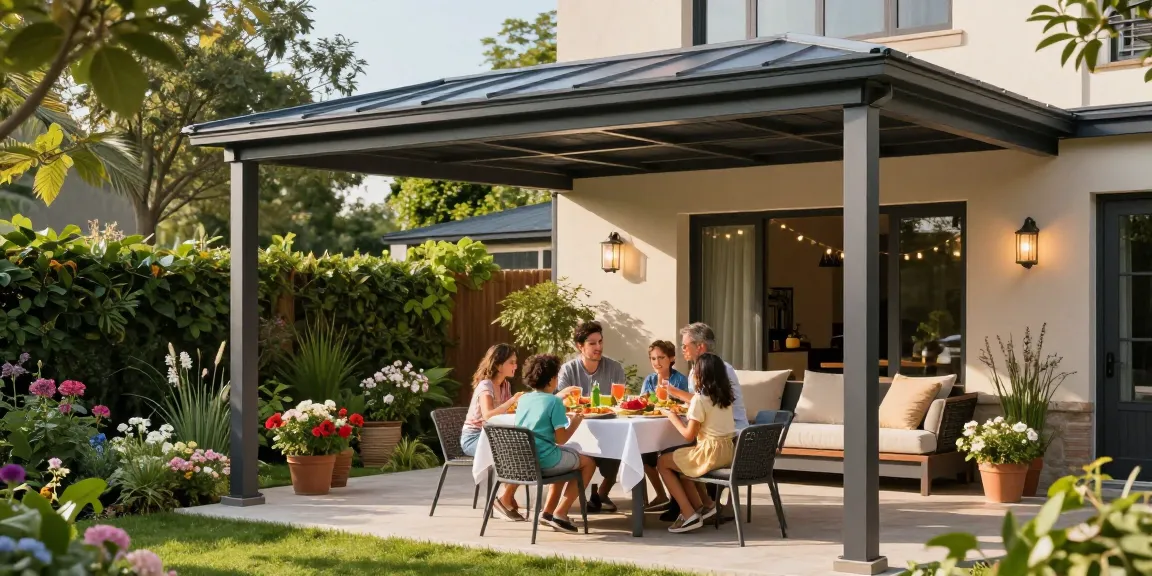 Moderne Terrassenüberdachungen mit Familie und Gartenmöbeln in einladender Umgebung.