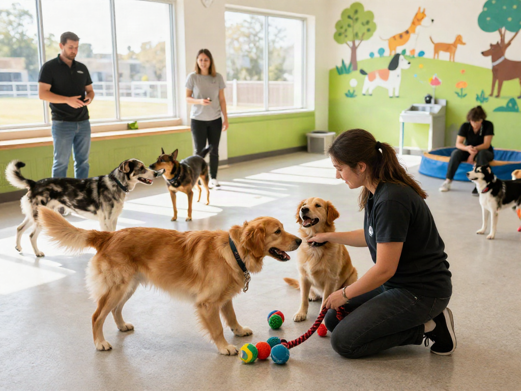 Happy dogs playing together at a dog daycare showcasing depo 10k as a trusted pet service.