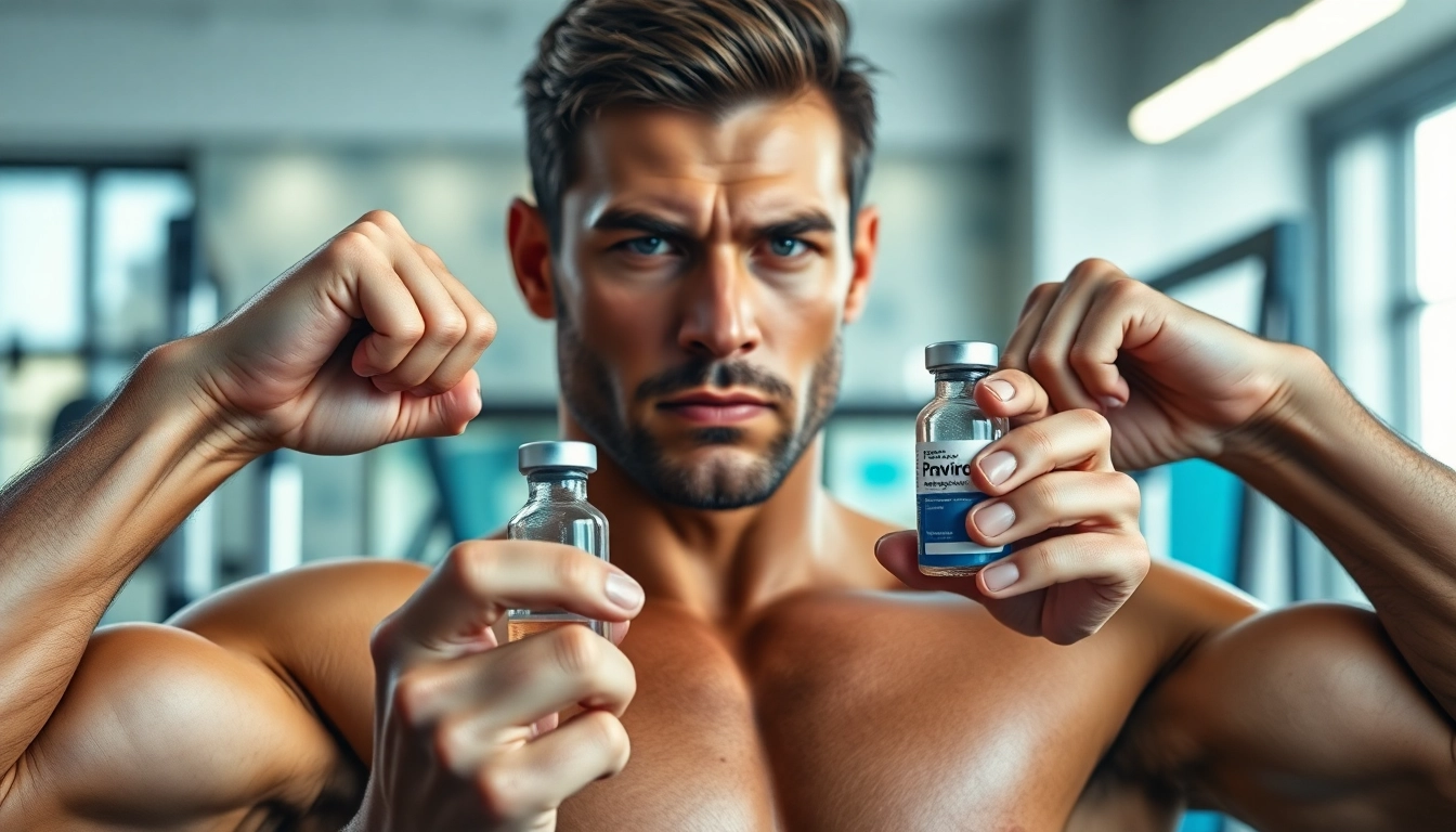 Proviron kaufen: Kraftvoller Bodybuilder präsentiert ein Proviron-Vial in einem modernen Fitnessstudio.