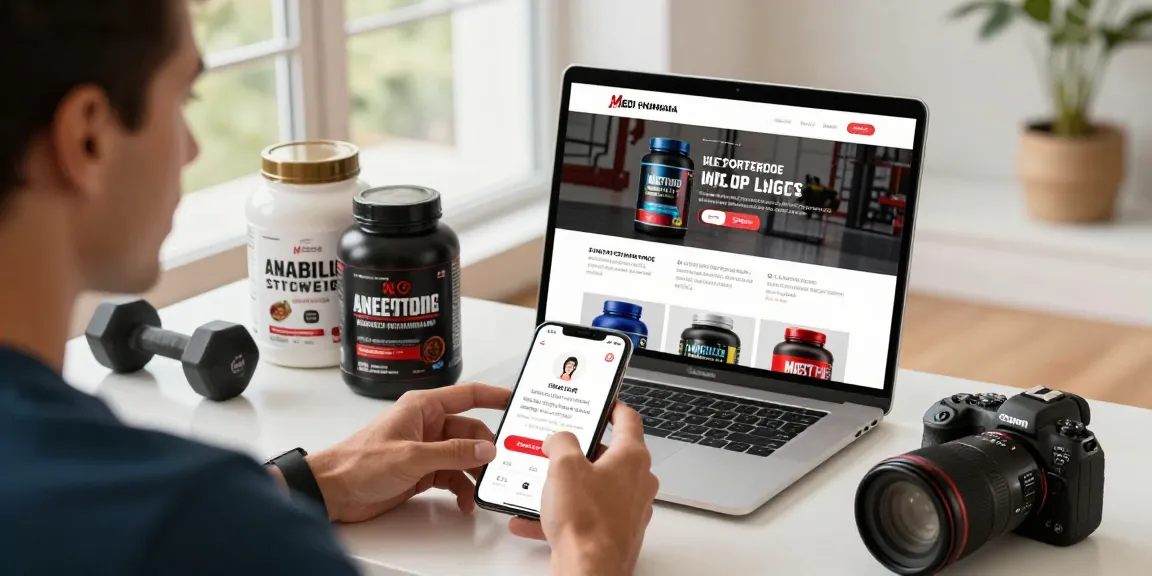 Medi Pharma Shop Online-Erlebnis, das Fitnesssupplements und Steroide in einem lebendigen Heimfitnessstudio präsentiert.