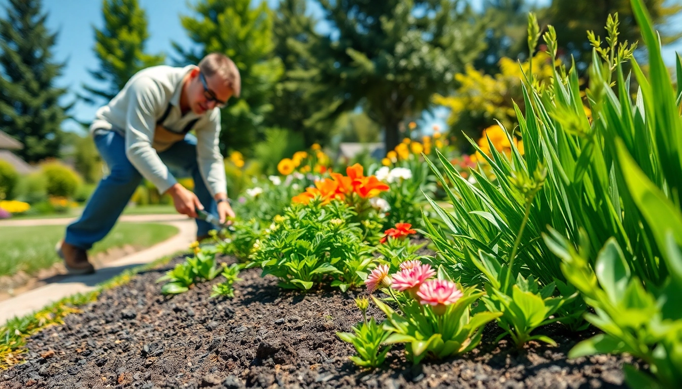 Galabauer gestaltet eine blühende Gartenlandschaft mit technischem Geschick.