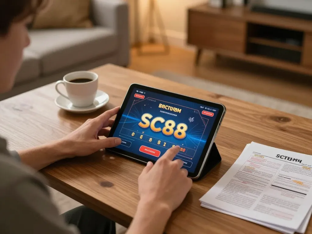 Player enjoying SC88 on a tablet in a cozy home, embodying engaging online gambling experience.