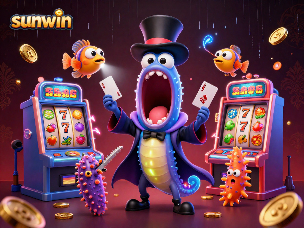 Win big with sunwin in a vibrant casino scene featuring magical sea creatures and slot machines.