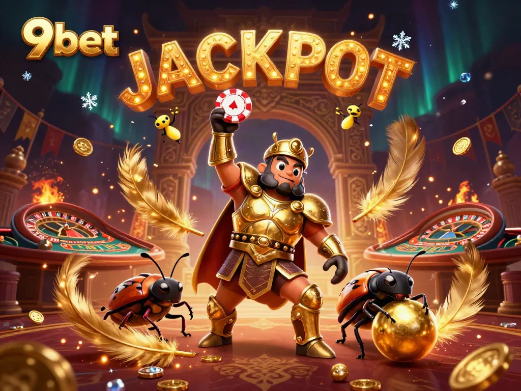 9bet's victory scene with a gladiator beetle lifting a poker chip in a vibrant live casino.