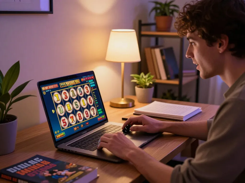 Player engaging in a thrilling online gambling experience at https://go8.onl/ with a laptop and strategy notes.