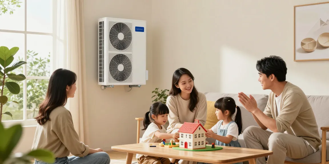 Wärmepumpe kaufen setup in a family living room emphasizing energy efficiency and comfort.