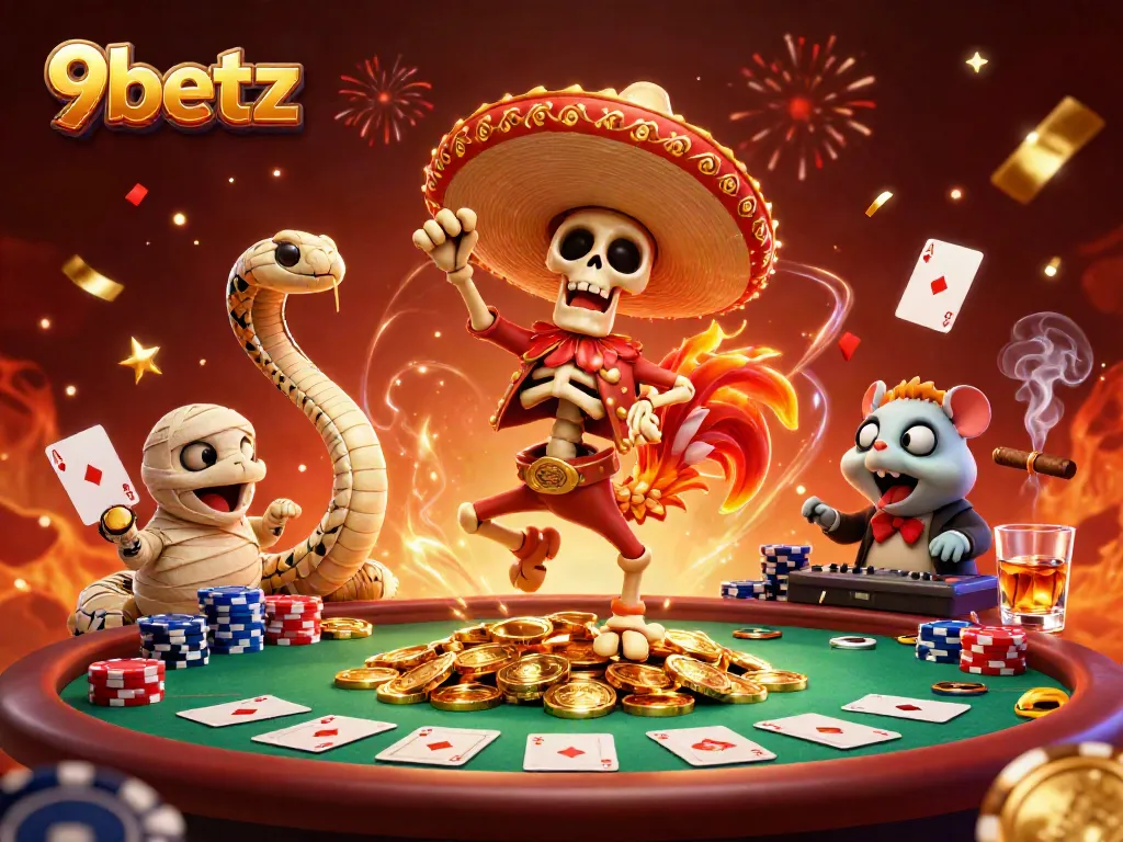 Experience thrilling moments with 9betz: animated characters dancing on poker-themed backdrop