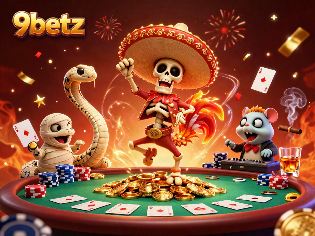 Experience thrilling moments with 9betz: animated characters dancing on poker-themed backdrop