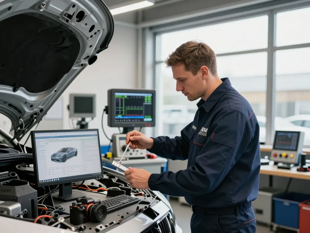 KFZ Sachverständiger Bonn führt eine Fahrzeuginspektion in einem hellen Servicezentrum durch.