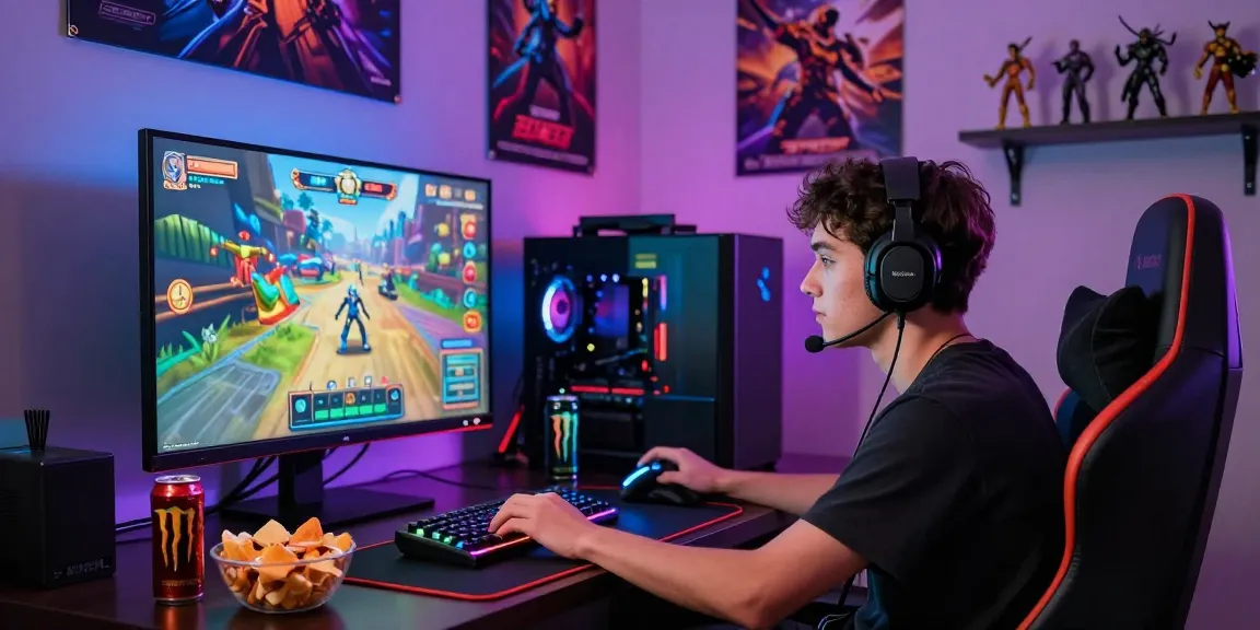 Interactive gaming scene featuring player focused on rokok88 alternatif video game, with vibrant LED lights and gaming setup.
