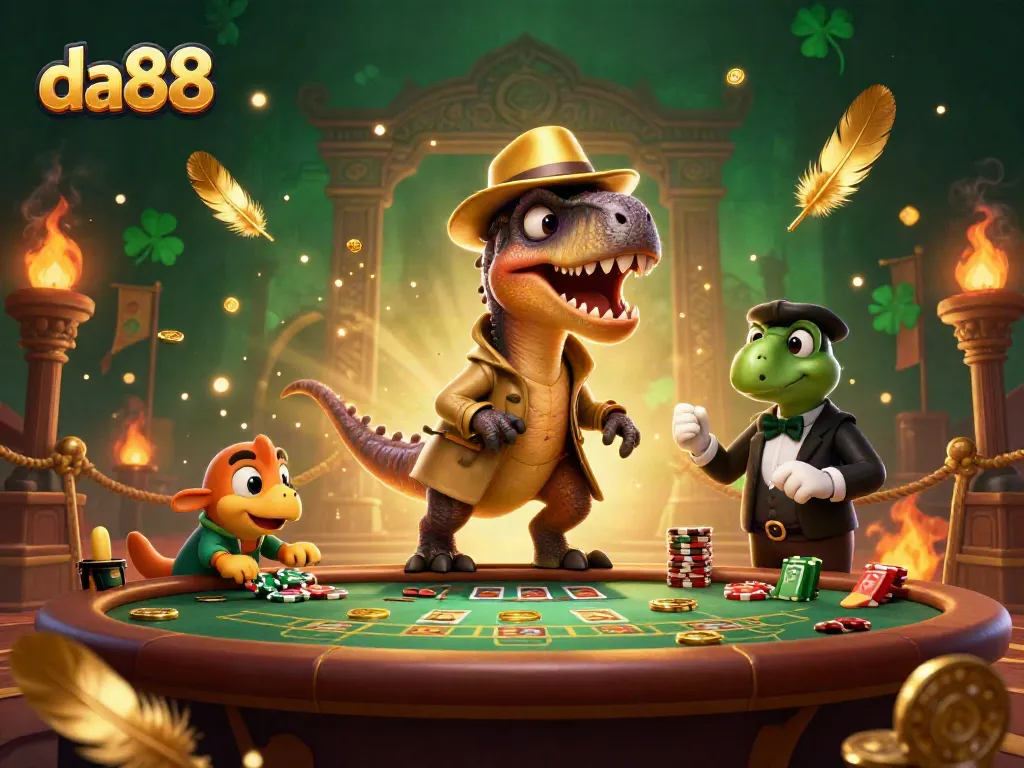 Engaging scene depicting a stealthy velociraptor card counter at a blackjack table, showcasing da88's casino charm.