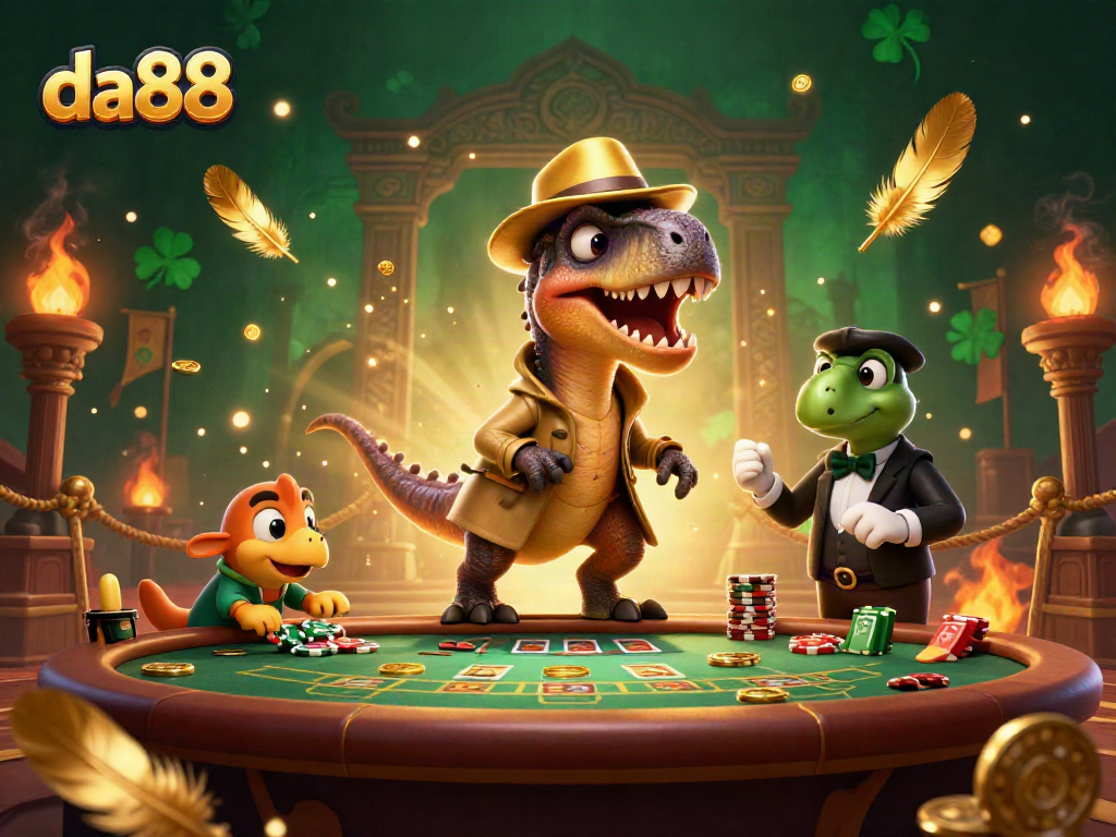 Engaging scene depicting a stealthy velociraptor card counter at a blackjack table, showcasing da88's casino charm.