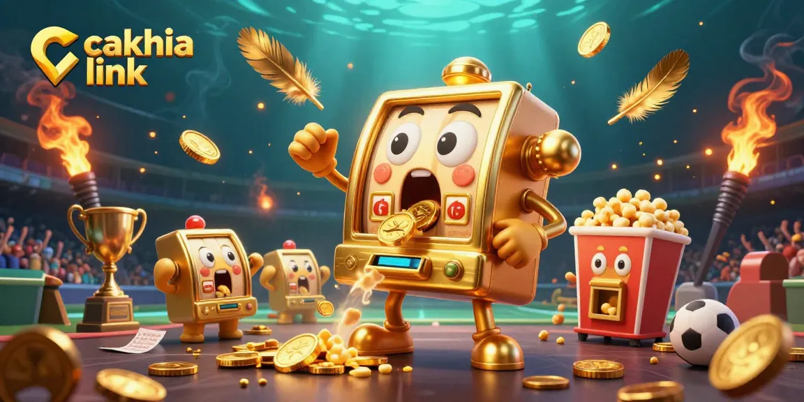 Celebrate with cakhia link as a golden slot machine wins big, coins overflowing!