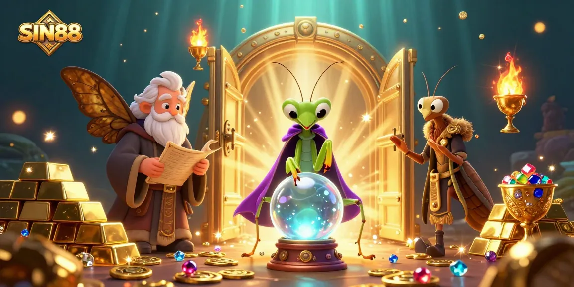 Experience the magic of SIN88 with a mystical fortune teller and golden treasures in this 3D scene.