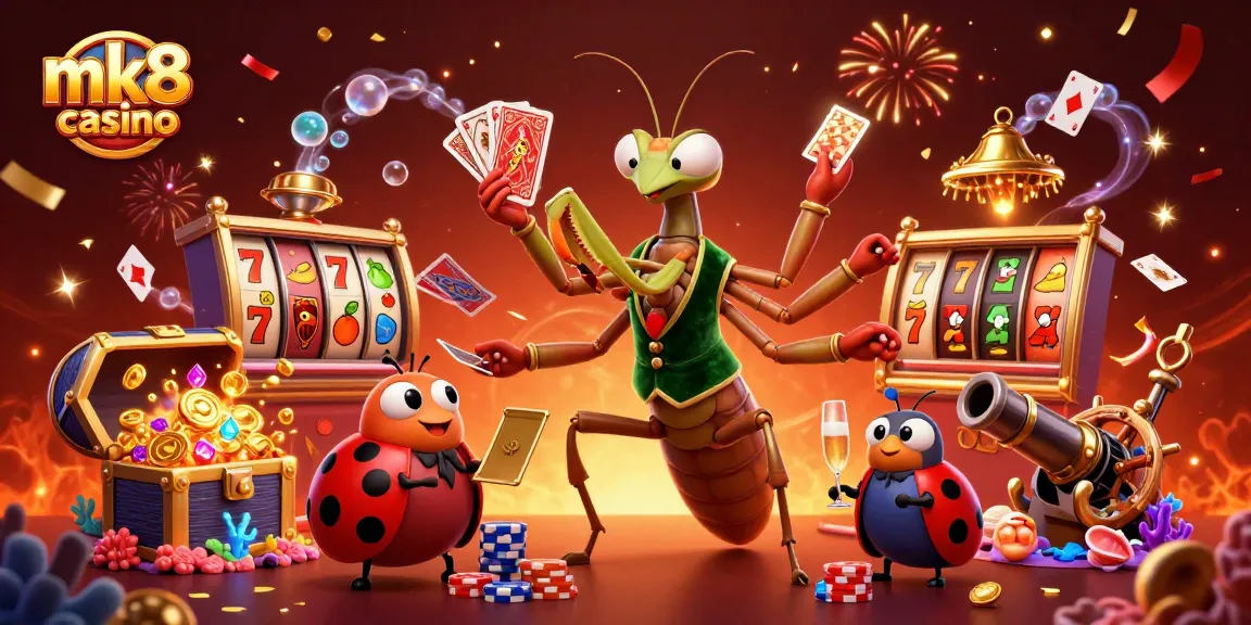 Experience thrilling action at mk8 casino with a giant mantis dealer and vibrant slot symbols.