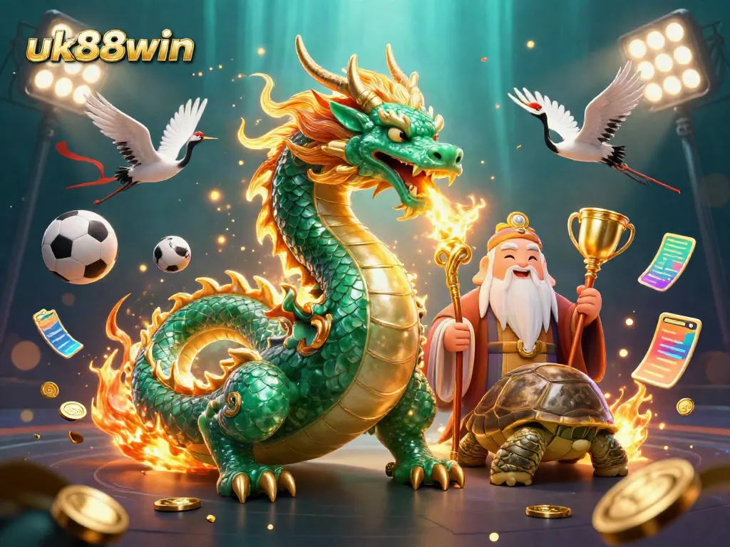 Experience thrilling wins at uk88win with a vibrant dragon, sage, and lucky cranes in a detailed digital casino scene.