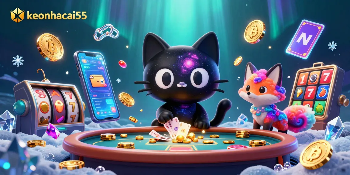 Engage with keonhacai55 at a cosmic casino, featuring vibrant characters and dynamic crypto elements.