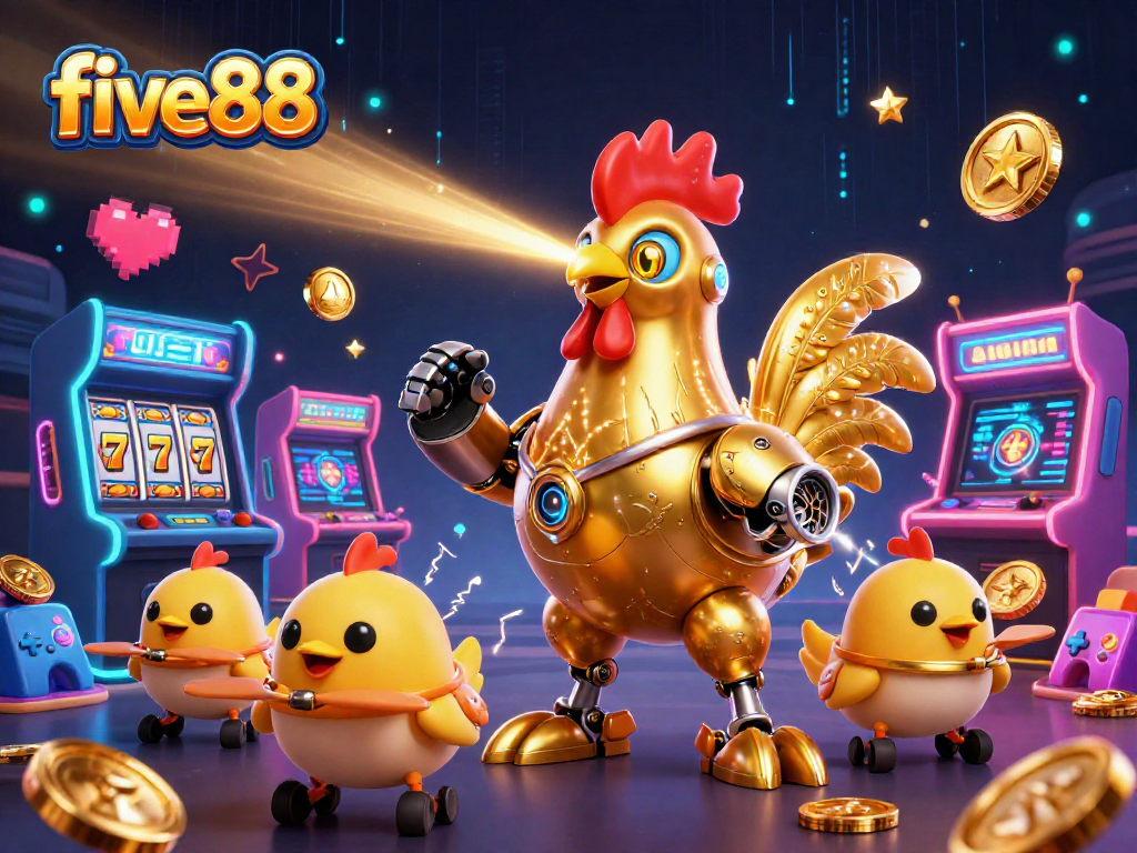 Experience the excitement of five88 with a golden rooster robot and game elements in a dynamic illustration.