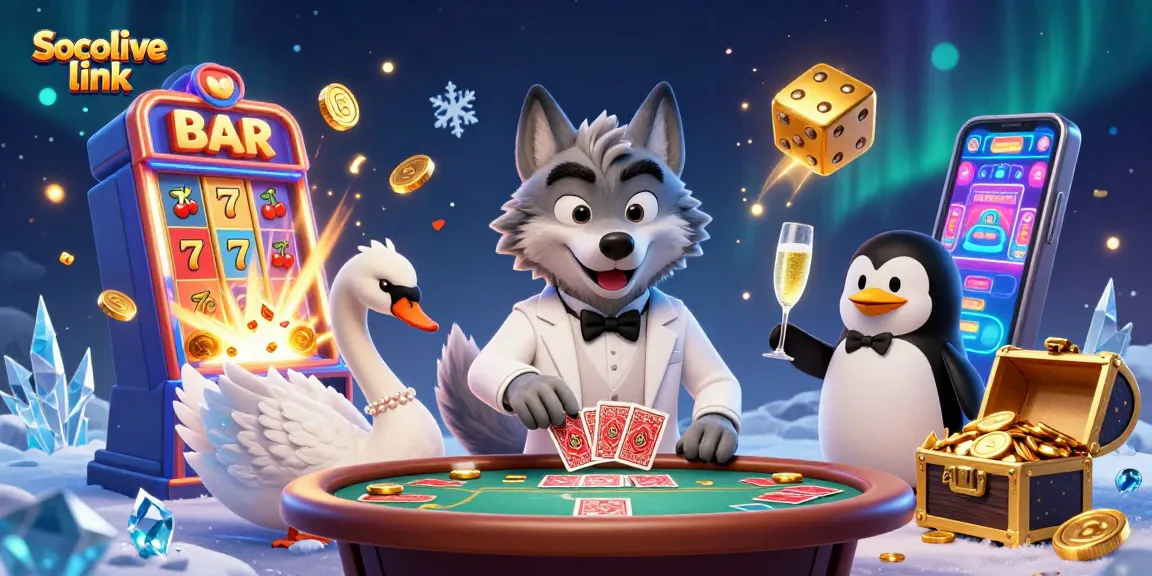Socolive link showcases a vibrant illustration of a wolf, swan, and penguin in a bustling casino scene.