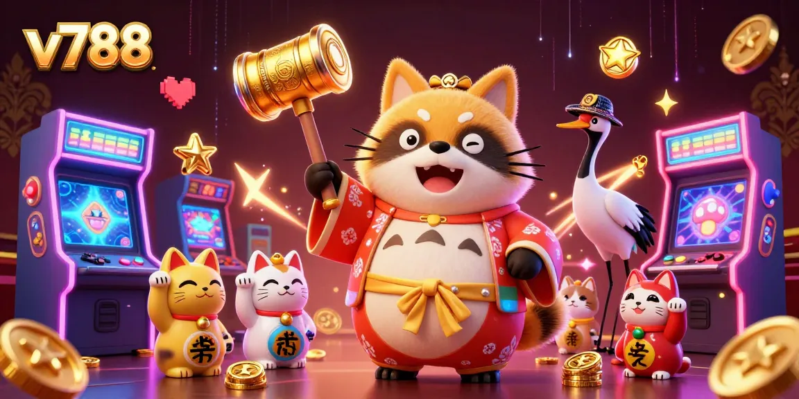 Experience vibrant action with v788 featuring a cheerful tanuki and lucky cats in a casino-themed scene.