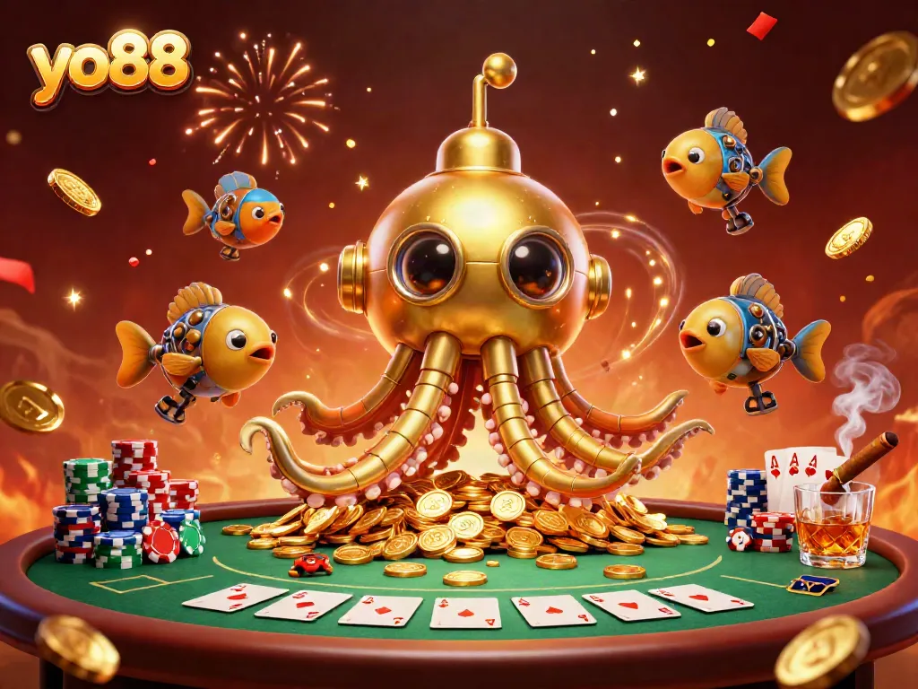 Experience excitement at yo88 with a golden kraken submarine and poker action amidst a sea of coins.