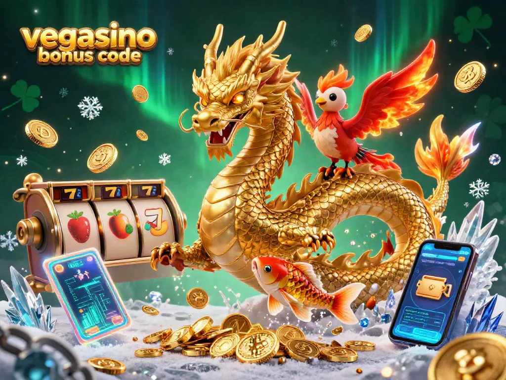 Claim the vegasino bonus code for top casino deals featuring a fierce dragon and vibrant coins.