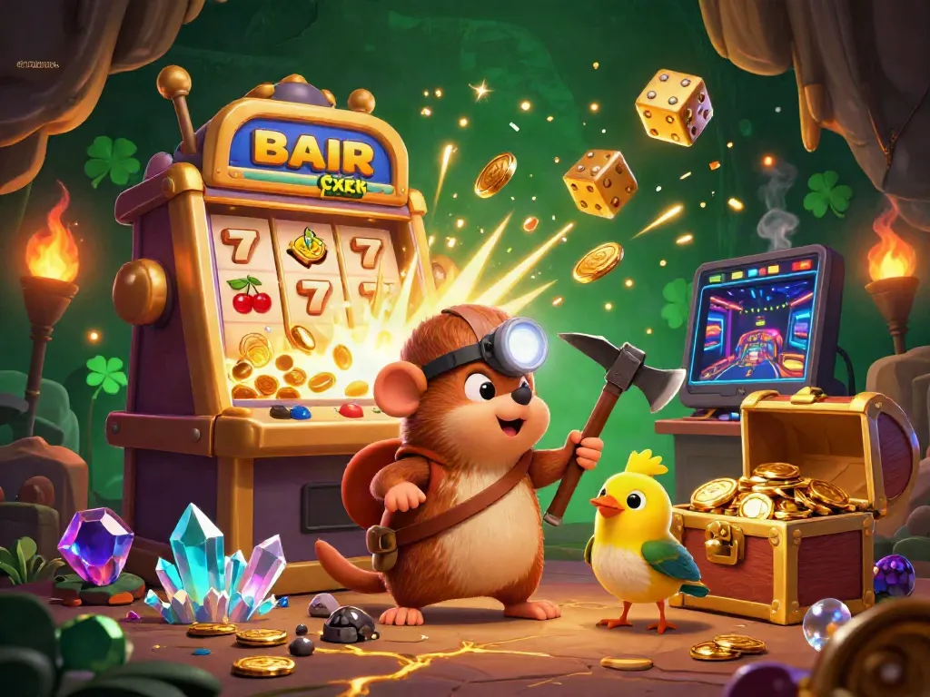 Experience the excitement of choinohu with a dynamic slot machine bursting coins and a treasure hunter mining for jackpots.