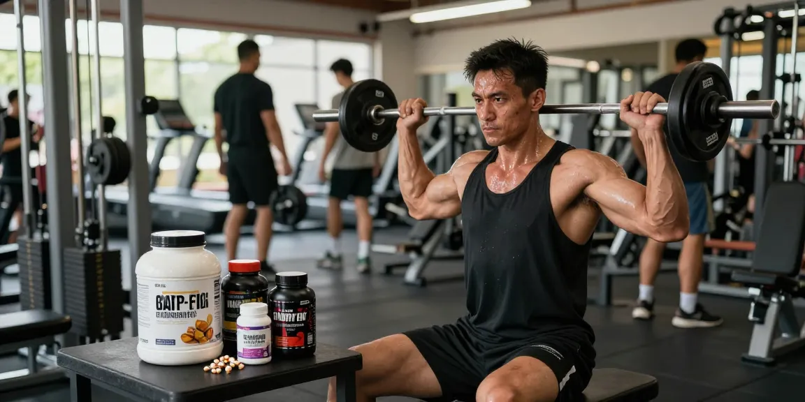Anabolika Shop Deutschland Szene mit einem engagierten Athleten, der hart trainiert, umgeben von Bodybuilding-Ergänzungen in einer motivierenden Fitnessstudio-Umgebung.