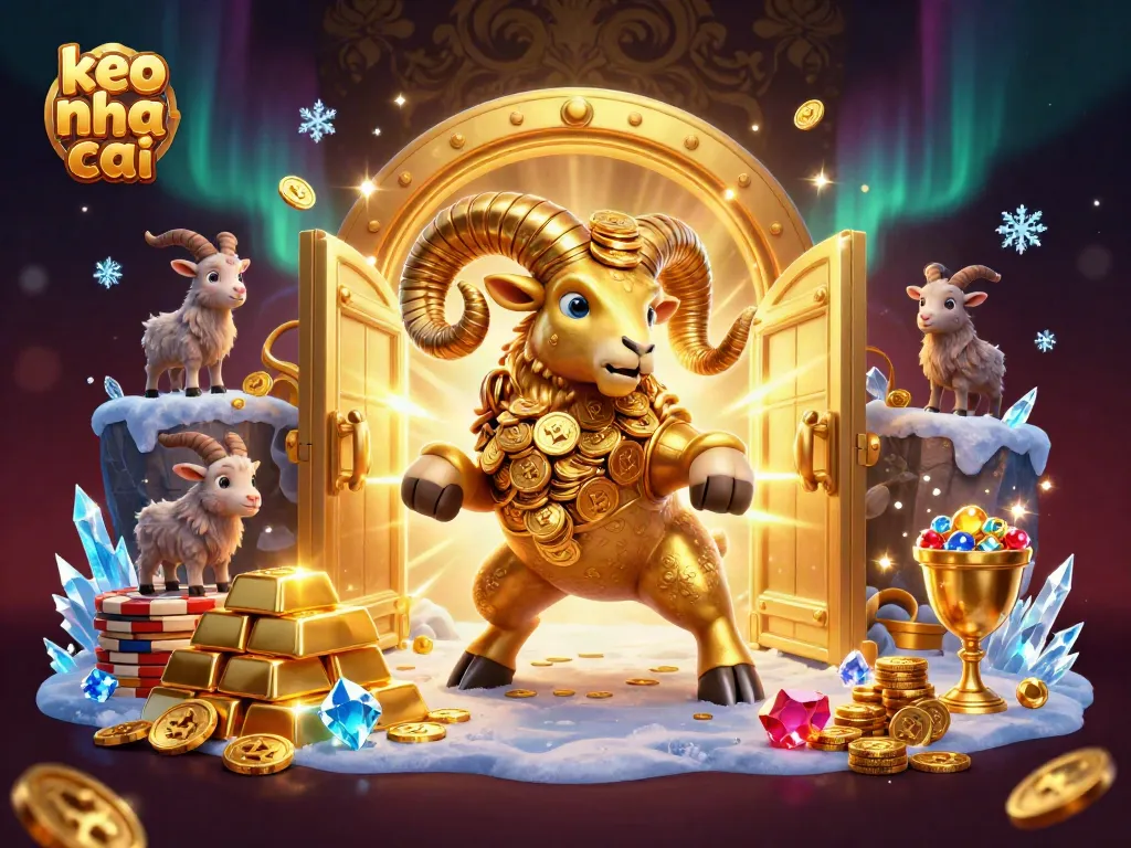 Engage with keo nha cai in this dynamic illustration featuring a golden ram charging at a treasure gate.
