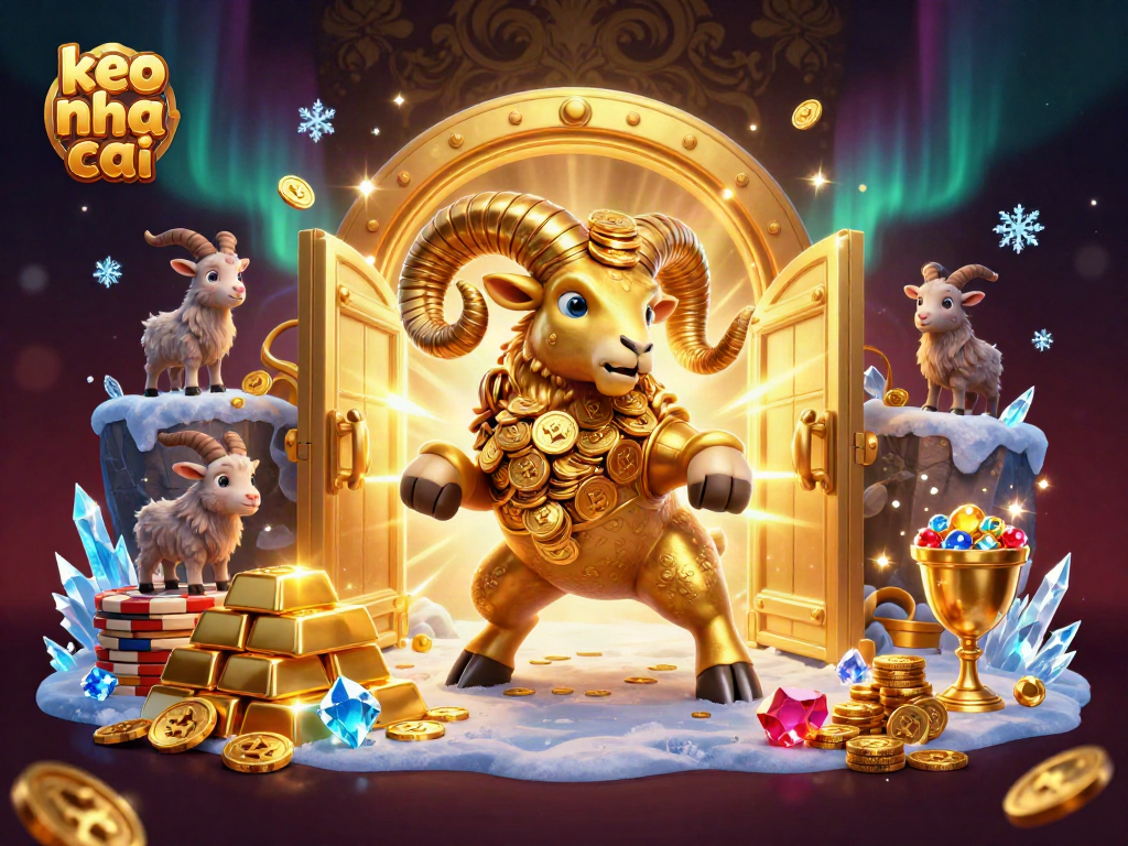 Engage with keo nha cai in this dynamic illustration featuring a golden ram charging at a treasure gate.