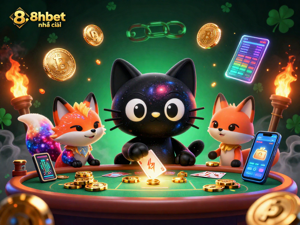Engage with 8xbet nhà cái in a vibrant, dynamic cosmic casino illustration featuring whimsical gaming elements.