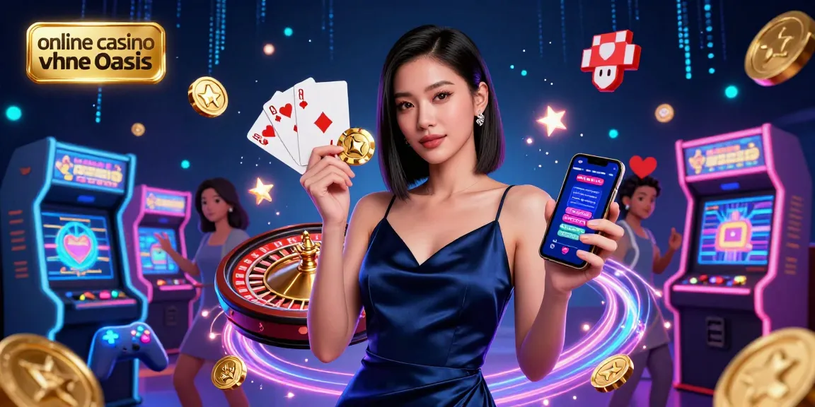 Engage with the thrilling atmosphere of an online casino ohne oasis featuring a confident woman with a golden chip and smartphone app.