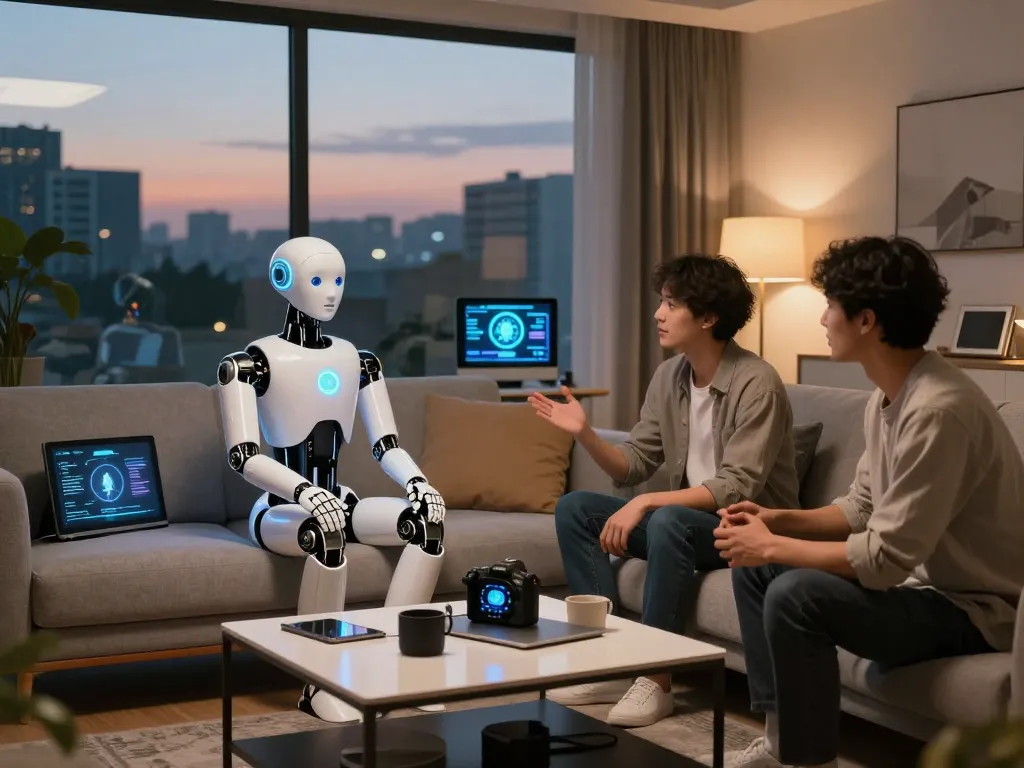 Person engaging with a realistic sex bot in a modern living room, showcasing AI companionship.