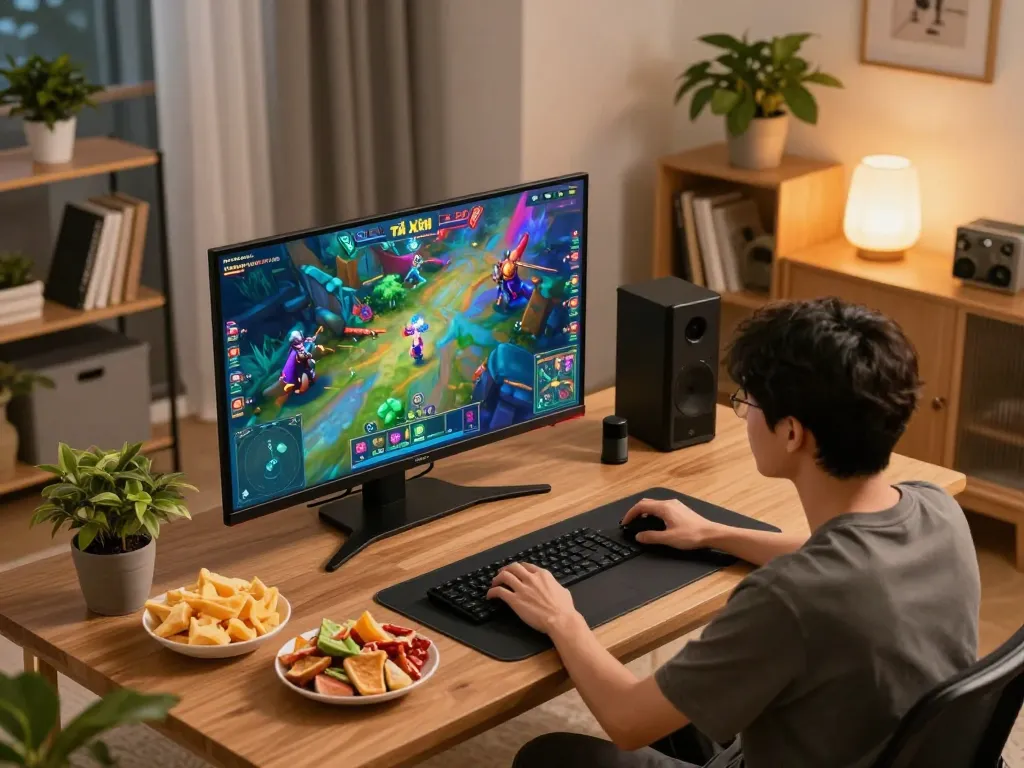 Engaging in a game tài xỉu on a large screen from a vibrant home gaming setup surrounded by snacks and a cozy ambiance.