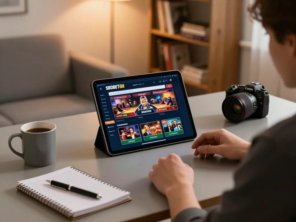 Pengguna SBOBET88 terlibat dalam pengalaman judi online yang dinamis di kantor rumah yang bergaya dengan tablet dan catatan strategi