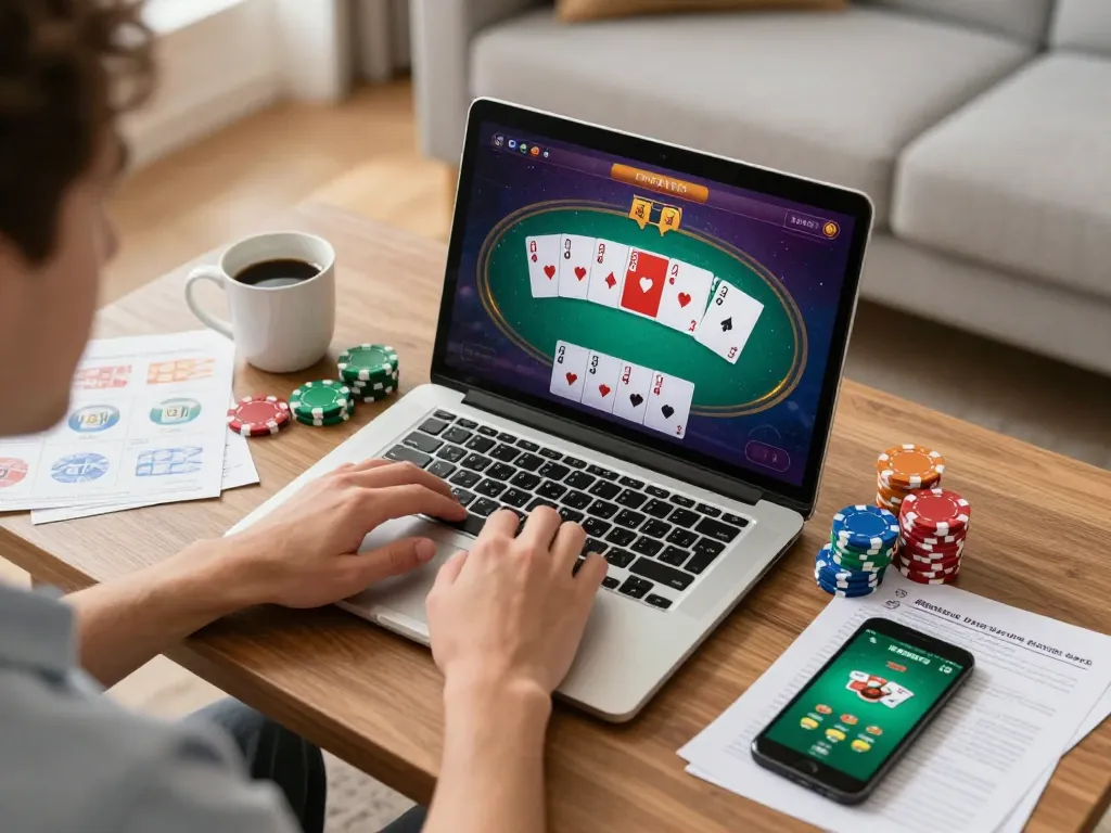 Online poker action at dn88, player engaged with laptop interface showing cards and chips.