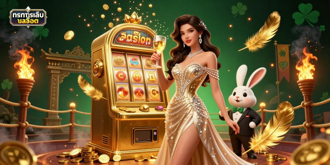 Try out ทดลองเล่นสล็อต with an elegant woman at a golden jackpot slot machine amidst an exciting casino scene.