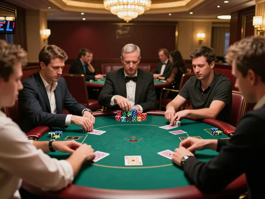 Kkwin players engaged in a high-stakes poker game at an upscale casino table, showcasing vibrant chips and strategic focus.
