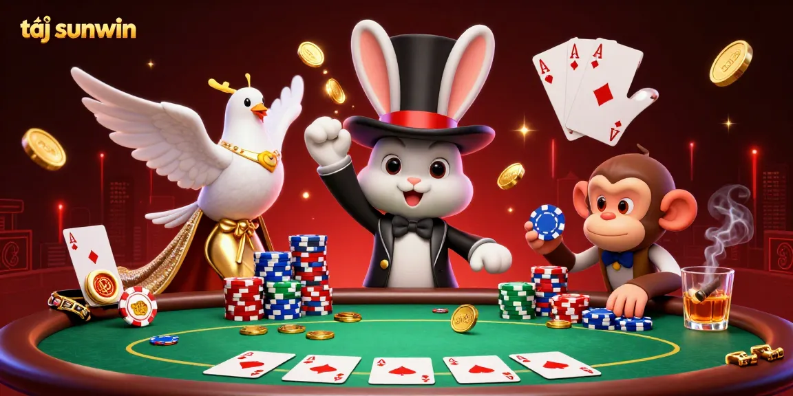 Experience gaming excitement at tại sunwin with a 3D illustration of a magician, dove, and monkey amid casino elements.